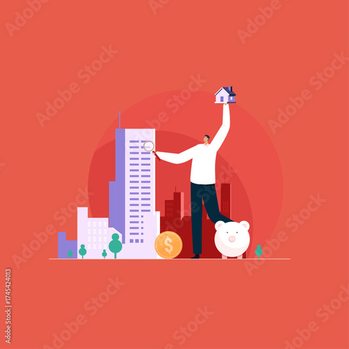 Vector buying property and real estate search investor looking home on market home for buy or rent