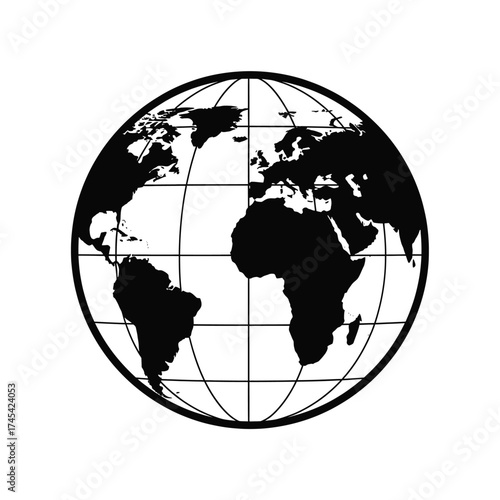 Black globe with continents and grid lines world earth