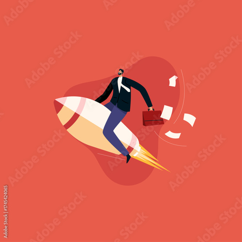 Businessman flies on rocket moving forward and achieving success and leadership economic crisis