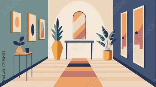 A fashionable hallway with framed artwork decorative plants along the floor and a console table displaying stylish decor pieces.