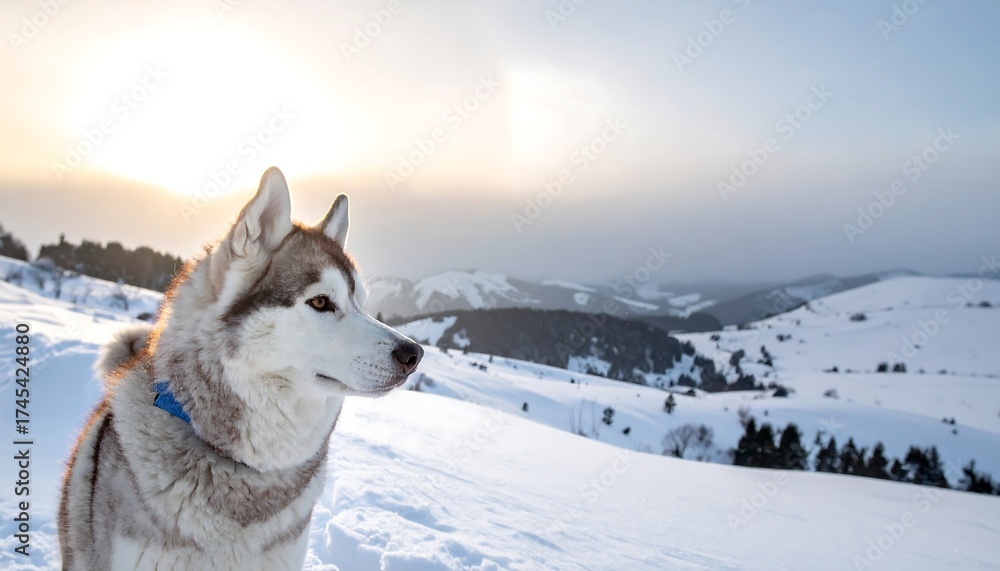 Naklejka premium A husky dog sits amidst snowy mountains, looking towards the sunrise