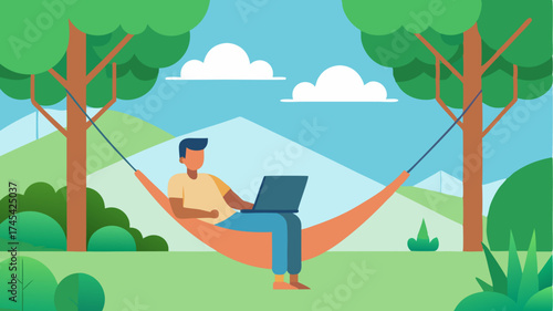 A digital nomad lounging in a hammock between two trees while video conferencing on a laptop with a serene natural landscape surrounding them.