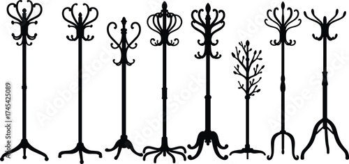Vintage coat rack silhouette collection, elegant standing hanger vector set for interior decoration, home design, furniture illustration, minimalist black coat stand art