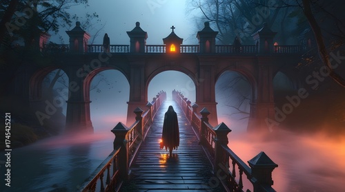 Mysterious figure walks across a foggy bridge towards an illuminated archway