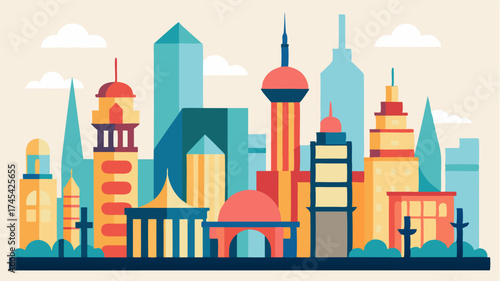 A detailed skyline of abstract buildings emphasizing various architectural styles highlighting urban tourism.
