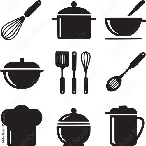 A collection of kitchen utensils and cookware in black silhouette on a white background display image