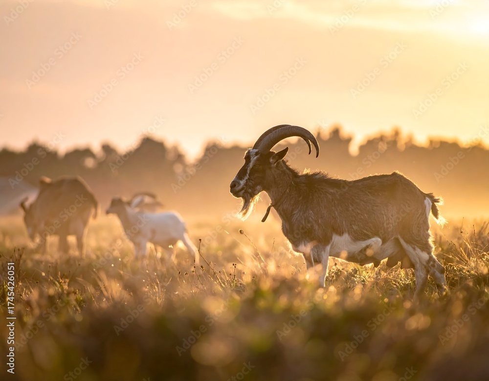 Obraz premium A goat with majestic horns stands in a field with others at sunset