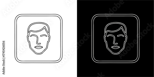 Two stylized face icons, one on white and one on black background.