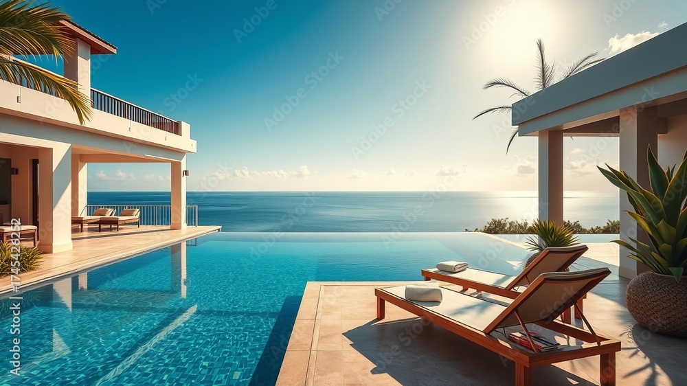 Fototapeta premium Luxurious tropical villa overlooks the serene ocean with inviting swimming pool and sunbeds under a clear blue sky on a bright and sunny day escape vacation spot.
