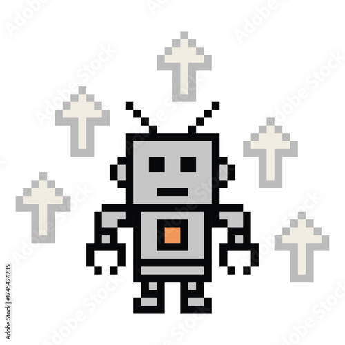 Cartoon pixel art of humanoid robot or ai learning skill robotic chat bot robots business vector character automation background 8 bit decoration.