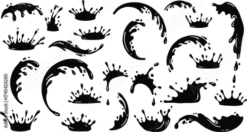 Water splash and droplet silhouette set, liquid motion vector illustration, wave and fluid shapes collection, abstract splash design elements for creative art