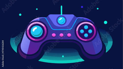 A closeup of a virtual reality controller featuring dynamic buttons and touchsensitive surfaces illuminated by neon lights.