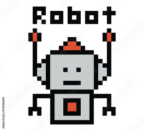 Cartoon pixel art of humanoid robot or ai learning skill robotic chat bot robots business vector character automation background 8 bit decoration.