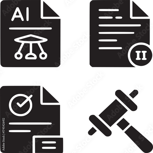 Four black and white icons depicting ai document legal document checkmark and a gavel illustration