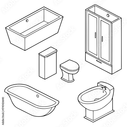 Clean minimalist isometric bathroom fixture vector illustration blueprint style set vector