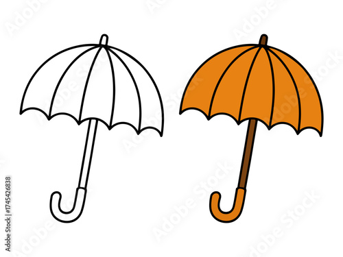 Simple illustration set showing an open umbrella with an orange canopy and handle, and an outline or coloring page version. Concept for rain, weather, and protection. Isolated on white.