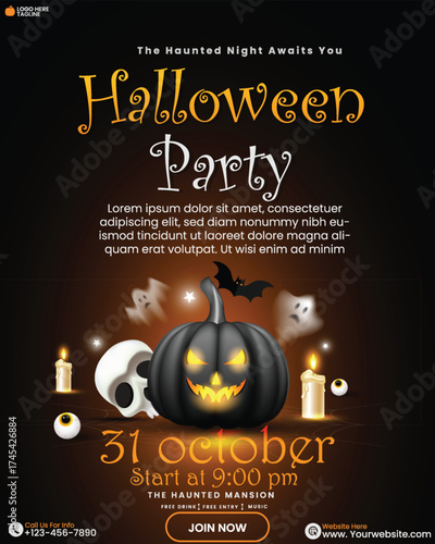 Spooky Happy Halloween party invitation card design template 3D pumpkin, ghost, candle, skull head, and star