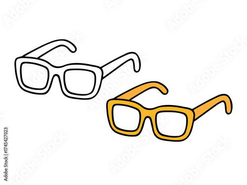 Simple illustration set showing retro-style glasses with orange frames and an outline or coloring page version. Concept for vision, reading, fashion, or style. Isolated on white.