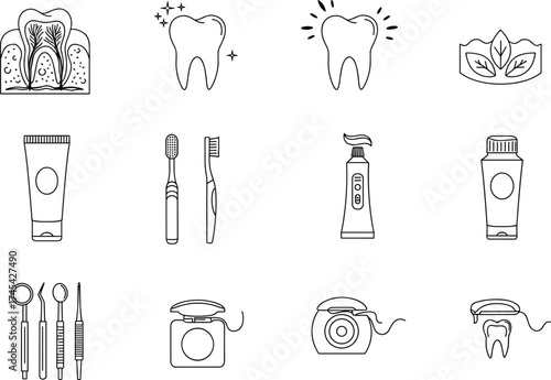 Dental care and oral hygiene vector illustration set, including teeth, toothbrush, toothpaste, floss, and dentist tools icons for medical and healthcare design