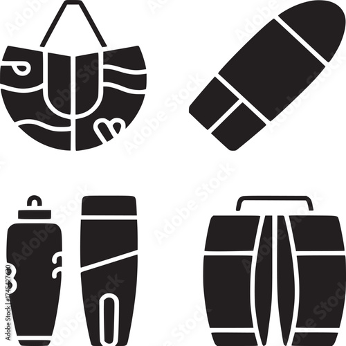 A set of four black and white icons depicting a tote bag a pillow bottles and a duffel bag design