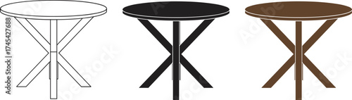 Modern round wooden, black, and white table vector illustration, minimalist furniture design concept for home interior, dining room, and office decoration projects