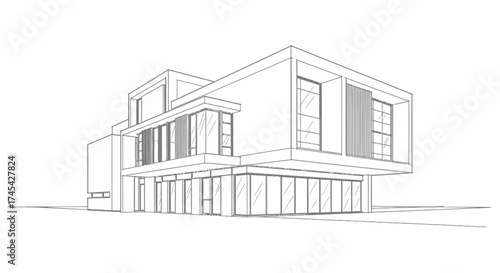 Contemporary modern house architecture with clean lines and large windows, showcasing minimalist design on an isolated light background, conveying sophisticated living.