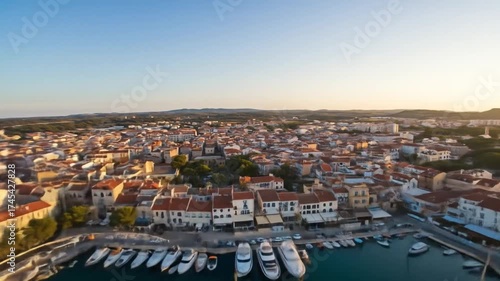 Wallpaper Mural Aerial View of a Coastal Town with Marina and Boats During Sunset in Bright Daylight Torontodigital.ca
