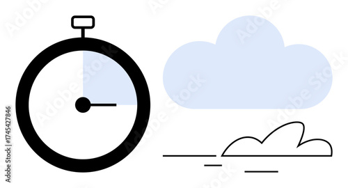 Stopwatch tracking time beside a cloud and motion lines. Ideal for productivity, punctuality, efficiency, speed, cloud computing, time management, modern design. Simple flat metaphor