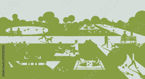 Aerial view of diverse people enjoying various recreational activities in a vibrant green urban park, conveying community and healthy outdoor living.