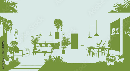 Modern Minimalist Cafe Interior with Lush Green Plants and Stylish Furniture in a Bright Green Studio