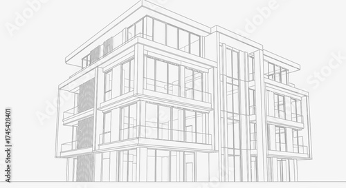 Architectural Sketch of a Modern High-Rise Building with Balconies in an Urban Setting