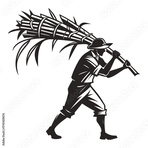 Sugarcane Harvester Silhouette Man Carrying Bundle Crop Graphic Vector on White Background