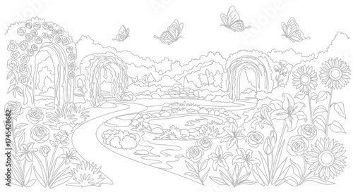 Beautiful Garden Scene with Archway, Flowers, and Butterflies in Line Art for Coloring Book