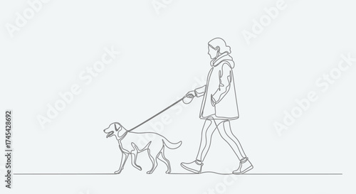 Woman Walking Her Dog on a Leash in a Calm Outdoor Setting on a Light Gray Background