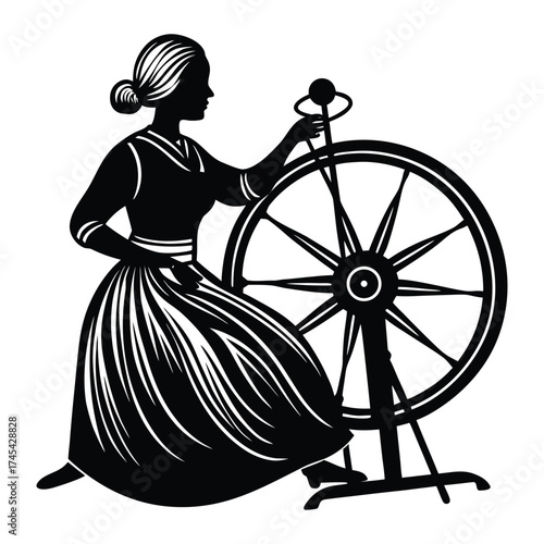 Woman with Spinning Wheel Black Silhouette Vector Illustration for Crafts on White Background