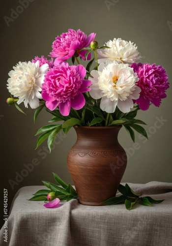 Wallpaper Mural Vibrant bouquet of peonies in a brown ceramic vase on table   Torontodigital.ca