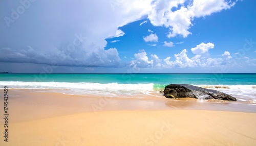 Sandy beach with a rock, sea, and cloudy sky