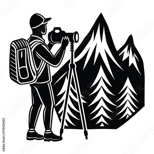 Photographer Silhouette with Backpack Capturing Mountain Views on Tripod on White Background