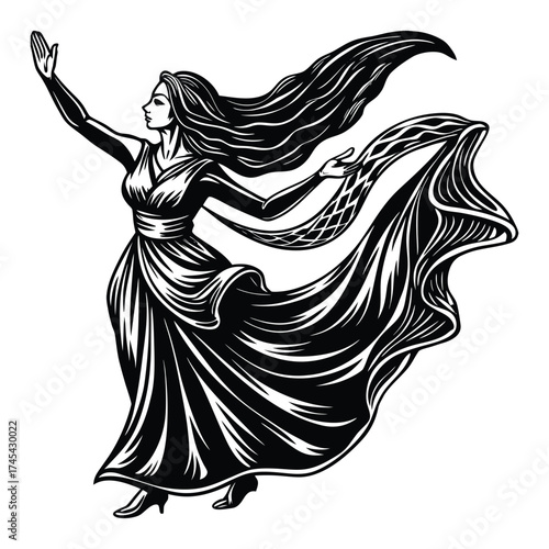 Elegant Woman Silhouette in Flowing Dress with Long Hair Art on White Background