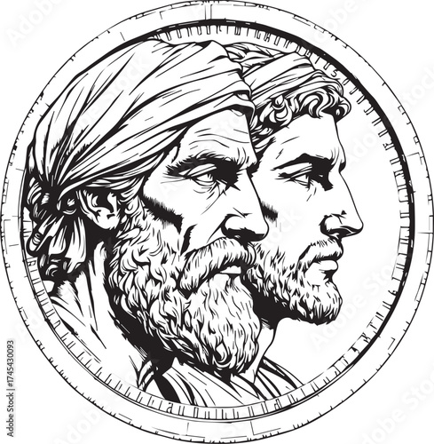Black and white vector illustration of two classical male profiles in circular medallion with tick-mark border