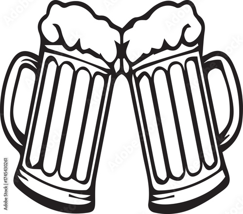 Two Beer Mugs Toasting in Black and White Outline Style