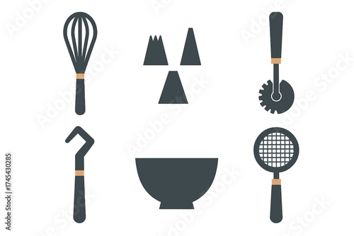 Minimalist set of essential kitchen utensils including whisk, mixing bowl, and pizza cutter
