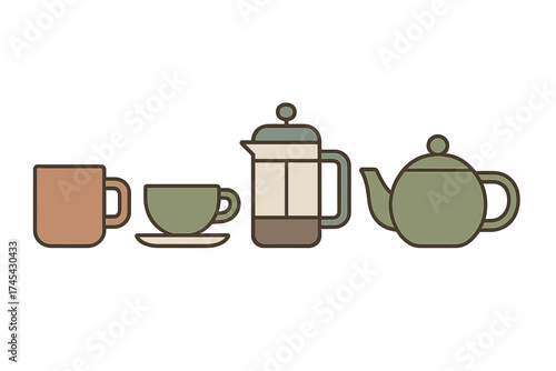 Collection of coffee and tea brewing equipment including mug, cup, French press, and teapot in earthy colors