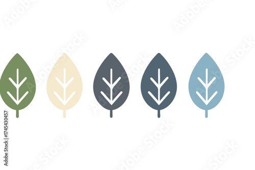 Set of five stylized leaves in various muted colors representing nature and ecology concepts