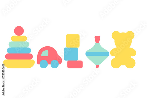 Collection of colorful children's toys including a stacking ring tower, car, blocks, spinning top, and teddy bear