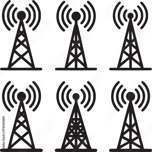 Six black communication tower icons arranged in a grid pattern on a white background illustration