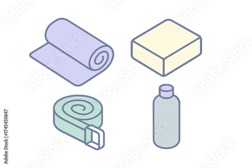 Isometric fitness and workout essentials set including yoga mat, foam block, tape, and water bottle