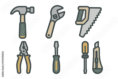 Set of essential construction and repair hand tools including hammer wrench saw and screwdriver