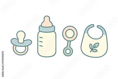 Collection of essential baby care items including pacifier, bottle, rattle, and bib