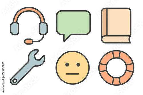 Collection of customer support, education, and technical assistance icons in a modern outline style